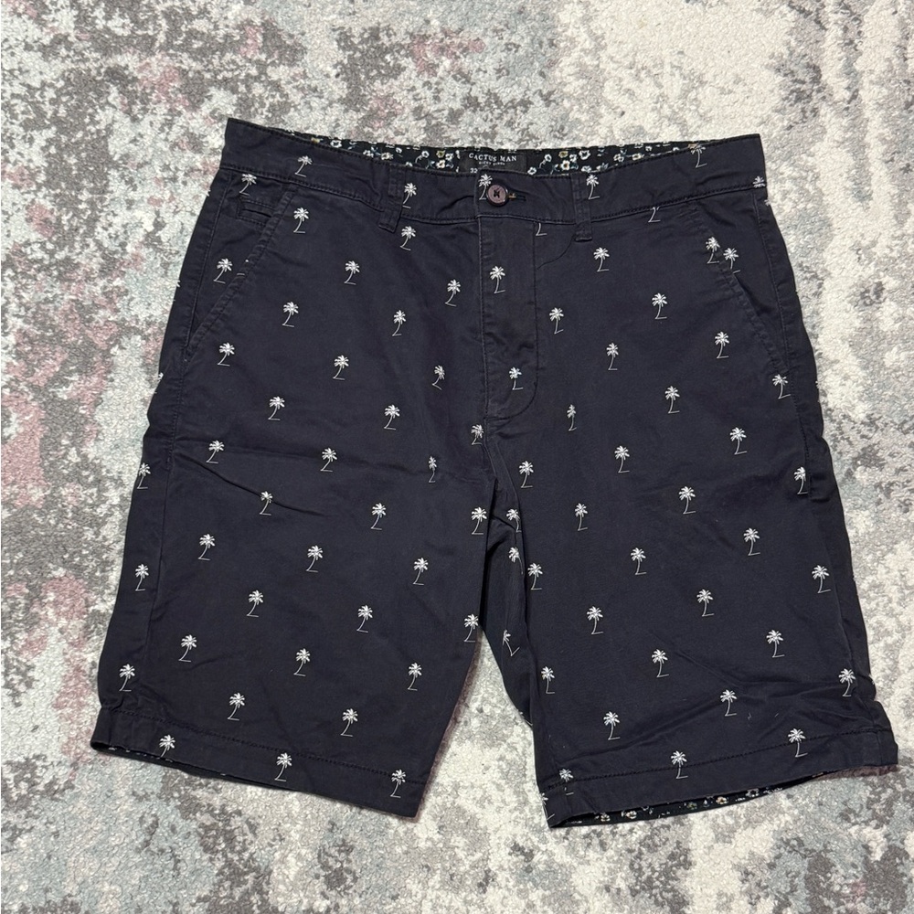 Dark Navy Blue Palm Tree Print Shorts